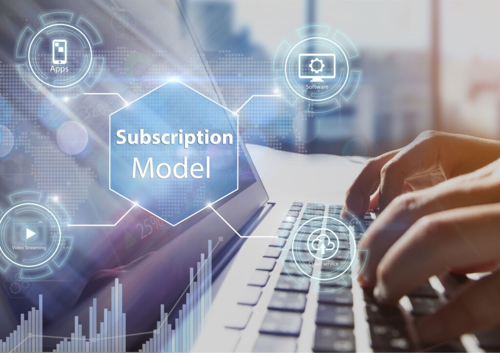 Image of a computer displaying four types of subscription billing types/