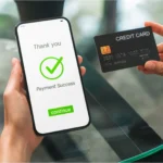 Image of a woman using her credit card at a business to make a mobile payment