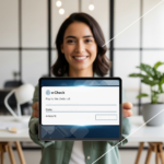 Image of a woman holding up echeck payment solution